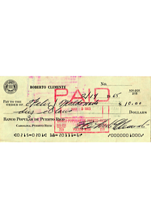 Roberto Clemente Autographed Personal Bank Check (JSA)