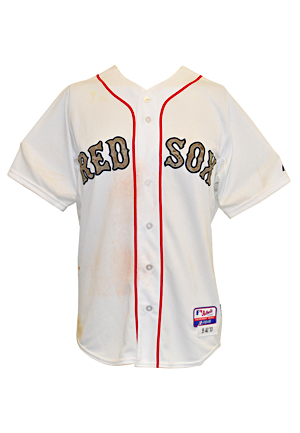 5/27/2013 Dustin Pedroia Boston Red Sox Game-Used & Autographed Memorial Day Camo Home Jersey (JSA • MLB Authenticated • Red Sox LOA • Photo-Matched • HR Game • Championship Season)