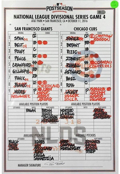 10/11/2016 Chicago Cubs vs San Francisco Giants Lineup Card Hung In Giants Dugout & Signed By Manager Bruce Bochy (JSA • NLDS Clinching Game • Cubs Championship Season • MLB Authenticated)