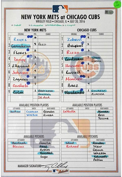 7/20/16 New York Mets vs Chicago Cubs Lineup Card Hung In Mets Dugout & Signed By Manager Terry Collins (JSA • Cubs Championship Season • MLB Authenticated)