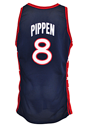 1996 Scottie Pippen Team USA Mens Olympic Basketball Game-Used & Autographed Blue Jersey (Full JSA LOA • Pippen LOA • Dream Team II Gold Medal Team • Photo-Matched)