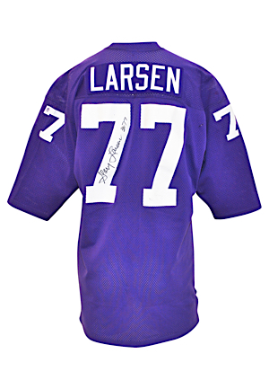 Circa 1973 Gary Larsen Minnesota Vikings Game-Used & Autographed Home Jersey (JSA • "Purple People Eaters" • Pounded With Repairs • Photo-Matched • Graded 8)