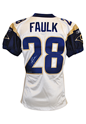 2002 Marshall Faulk St. Louis Rams Game-Used & Autographed Road Jersey (JSA • Team Repairs)