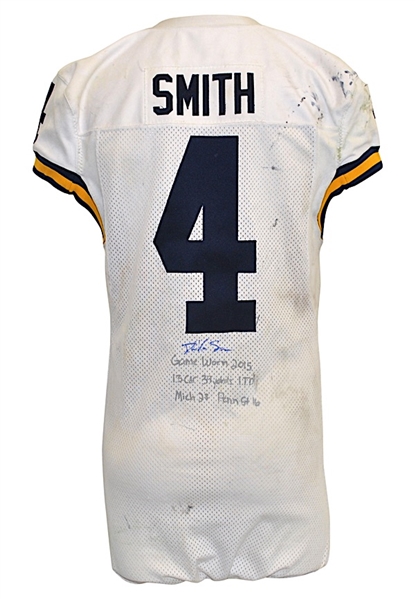 11/21/2015 DeVeon Smith Michigan Wolverines Game-Used & Autographed Road Jersey (JSA • Repairs)