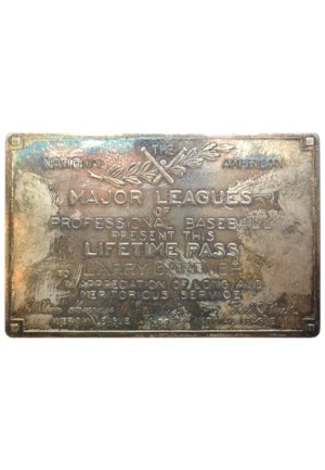 Major League Baseball Lifetime Sterling Silver Pass Presented To Larry Gardner (Family LOA)