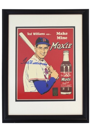 Ted Williams Single-Signed Framed Tin "Moxie Cola" & "Teds Creamy Root Beer" Advertisement Pieces (2)(JSA • PSA/DNA • Williams Hologram)