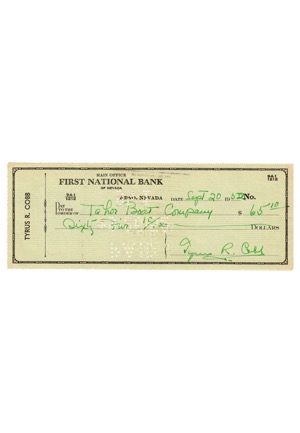 Ty Cobb Autographed Personal Bank Check (PSA/DNA Graded 9)