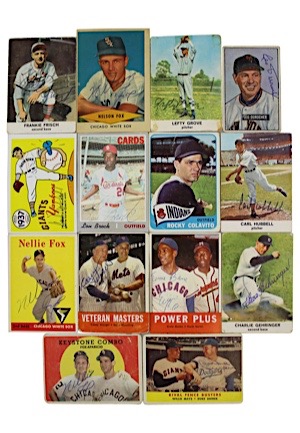 MLB Hall Of Famers & Stars Autographed Baseball Cards Including Nellie Fox, Lefty Grove, Dean, Koufax, Banks, Brock, Snider & More (14)(JSA)
