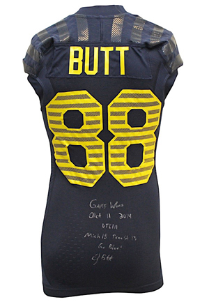10/11/2014 Jake Butt Michigan Wolverines Game-Used & Autographed "Under The Lights" Full Uniform & Gloves (3)(JSA • Photo-Matched)