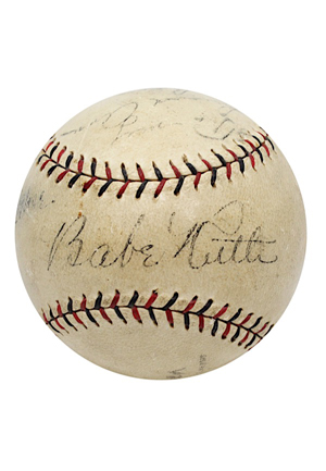 1927 Babe Ruth & Lou Gehrig “Bustin’ Babes And Larrupin’ Lou’s” Game-Used & Dual-Signed Barnstorming Baseball (Full JSA & PSA/DNA LOAs • Exceedingly Rare "Louis" Gehrig Auto • Only Known Example)