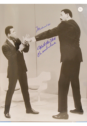 Muhammad Ali & Wilt "The Stilt" Chamberlain Dual-Autographed Oversized B&W Photo (Full JSA)