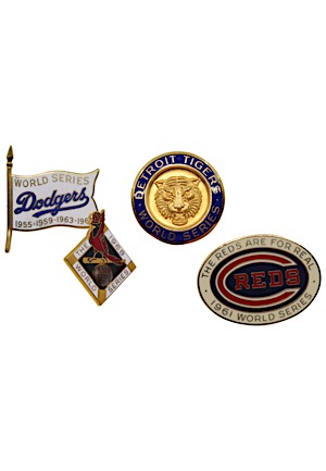 1960 Pirates, 1961 Reds, 1966 Dodgers, 1968 Cardinals, 1968 Tigers & 1969 Orioles World Series Press Pins (4)