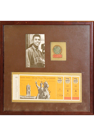 Framed 1960 Cassius Clay Autographed Olympic Ticket & UFFICIALE Official Pin Display (JSA)