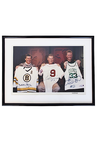 Bobby Orr, Ted Williams & Larry Bird Multi-Signed Framed Photograph (JSA • PSA/DNA)