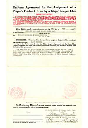 1932 Chicago Cubs Uniform Agreement to Sell Louis "Bobo" Newsom
