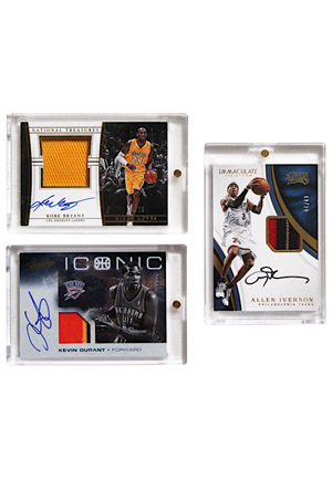 Kobe Bryant, Allen Iverson & Kevin Durant Panini Autographed & Game-Used LE Jersey Cards (3)(JSA)
