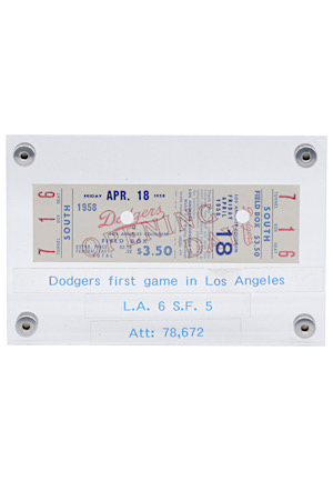 4/18/1958 Los Angeles Dodgers vs. San Francisco Giants Full Ticket (First Game In LA)