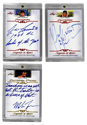 Mike Tyson, Hulk Hogan & Jose Canseco Autographed Leaf "Legends Of Sport" Cards (3)(JSA)