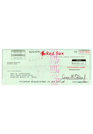 1981 Carl Yastrzemski Boston Red Sox Autographed Payroll Check