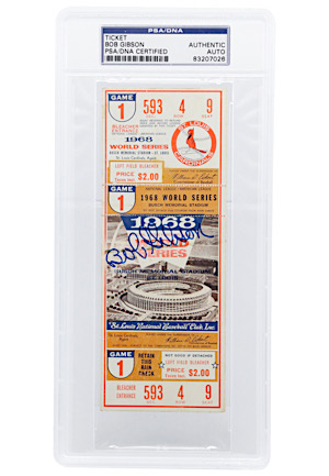 1968 World Series Game One Ticket Autographed By Bob Gibson (PSA/DNA Encapsulated • Complete Game 17 K Performance)