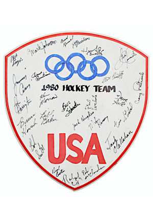 1980 Team USA "Miracle On Ice" Olympic Hockey Team-Signed Plaque Including Herb Brooks (Photo Of Brooks Holding Plaque)