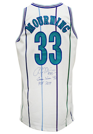 1992-93 Alonzo Mourning Charlotte Hornets Game-Used & Dual-Autographed Rookie Home Jersey (Inscribed "Game Worn")