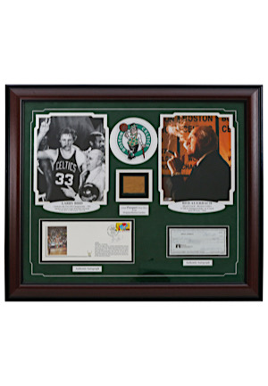Larry Bird & Red Auerbach Dual-Signed Framed Display With Actual Parquet Floor From The Original Boston Garden