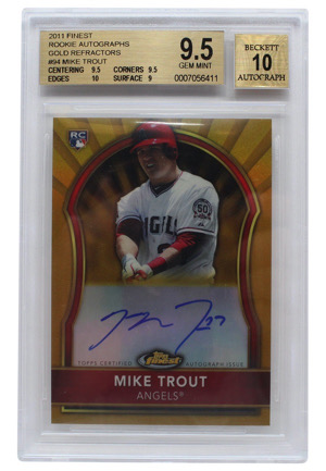 2011 Topps Finest Mike Trout Rookie Gold Refractor Autographed #84 (Beckett GEM MINT 9.5 • Autograph Graded 10 • 17/75)