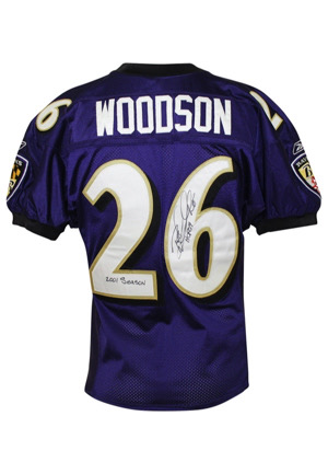 2001 Rod Woodson Baltimore Ravens Game-Used & Autographed Jersey (Photo-Matched To Multiple Games Including Record Breaking 10th INT Touchdown Return • Graded 10 • Woodson LOA)
