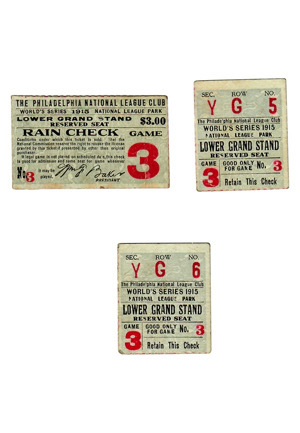 1915 World Series Game Three Ticket Stubs (3)(Babe Ruths First World Series)