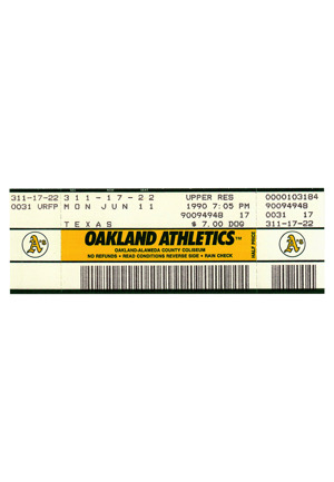 6/11/1990 Texas Rangers vs. Oakland As Full Ticket From Nolan Ryans No Hitter