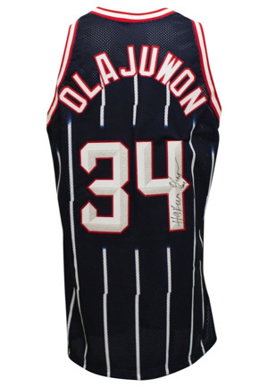 1996-97 Hakeem Olajuwon Houston Rockets Team-Issued & Autographed Road Jersey