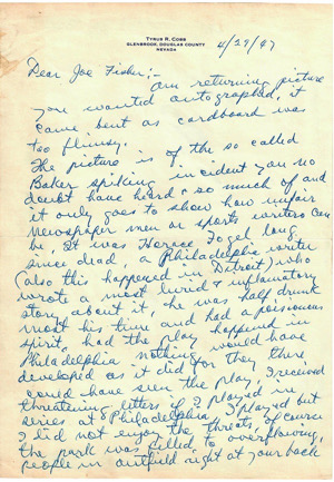 1947 Ty Cobb Handwritten & Autographed Two Page Letter With Tremendous Flying Spikes Content (Full JSA) 