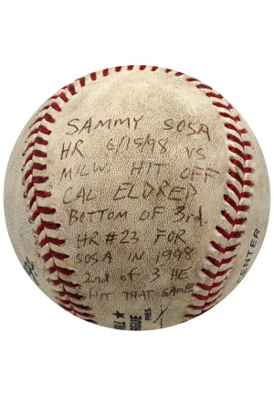 6/15/1998 Sammy Sosa Game-Used & Inscribed Home Run #23 Baseball