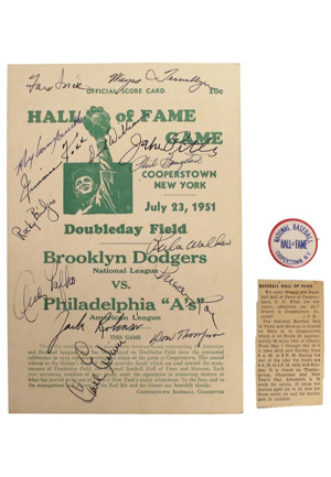 1951 Hall Of Fame Game Scorecard Signed By Jackie Robinson, Jimmie Foxx, Roy Campanella & Others With Hall Of Fame Pin (2)(Full PSA/DNA)