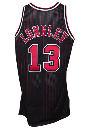 1996-97 Luc Longley Chicago Bulls Game-Used & Autographed Black Alternate Pinstripe Jersey (Charita Bulls LOA • Championship Season)