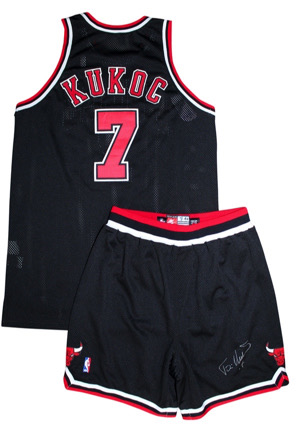 1997-98 Toni Kukoc Chicago Bulls Game-Used & Autographed Black Alternate Uniform (2)(Photo-Matched • Championship Season • Charita Bulls LOA • MEARS A10)