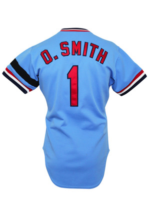 1982 Ozzie Smith St. Louis Cardinals Game-Used & Autographed Powder Blue Jersey (Graded 9+ • Championship Season • Ken Boyer Armband • Full JSA)
