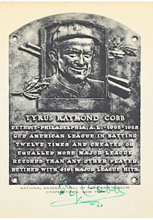 Ty Cobb Autographed Vintage Artuve Hall Of Fame Plaque Postcard