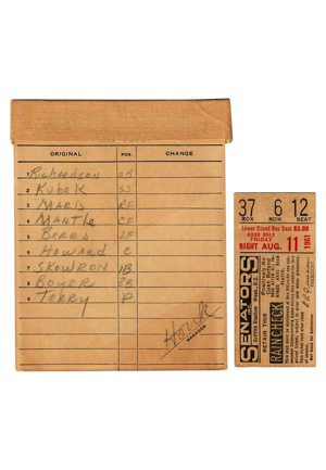 8/11/1961 New York Yankees Lineup Card Hung In Dugout Autographed By Manager Ralph Houk & Ticket Stub (2)(Mantle & Maris Home Runs)