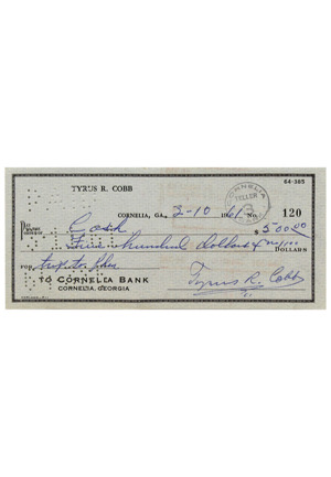 Ty Cobb Autographed Personal Bank Check