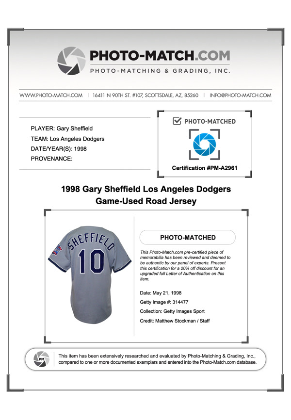 Lot Detail - 1998 Gary Sheffield Los Angeles Dodgers Game-Used Road Jersey  (Photo-Matched • 40th Anniversary Patch)