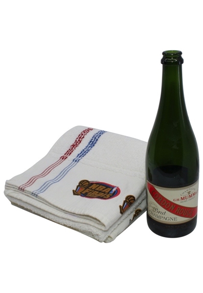 1998 Chicago Bulls NBA Champions Locker Room Champagne Bottle & Finals Towels (3)(Sourced From Locker Room)