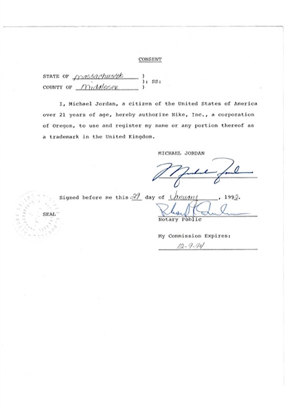 1992 Michael Jordan Autographed Consent Form Authorizing Nike To Use His Name In The UK (Full PSA/DNA) 