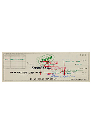 1969 John Schmitt New York Jets Travel Allowance Check Autographed By Weeb Ewbank & Schmitt (Championship Season)