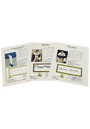 Mickey Mantle, Joe DiMaggio & Willie Mays Autographed Stat Sheets (3)(Photos Of Them Signing)