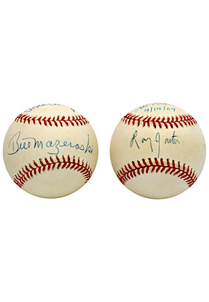 "Combo With Most Double Plays In a Season (161)" & "1st MLB At Bat In Foreign Country" Dual-Signed Baseballs (2)