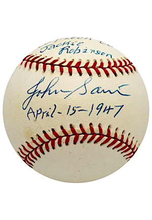 Johnny Sain Single-Signed Jackie Robinson 50th Anniversary Baseball (First Pitcher To Face Jackie Robinson In MLB)