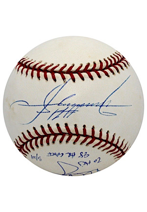 Mark McGwire "70 HRs 98 HR Race 5/24" & Sammy Sosa Dual-Signed Baseball (PSA/DNA 9.5)