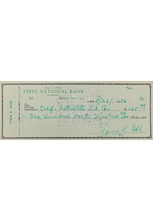 1956 Ty Cobb Autographed Personal Bank Check